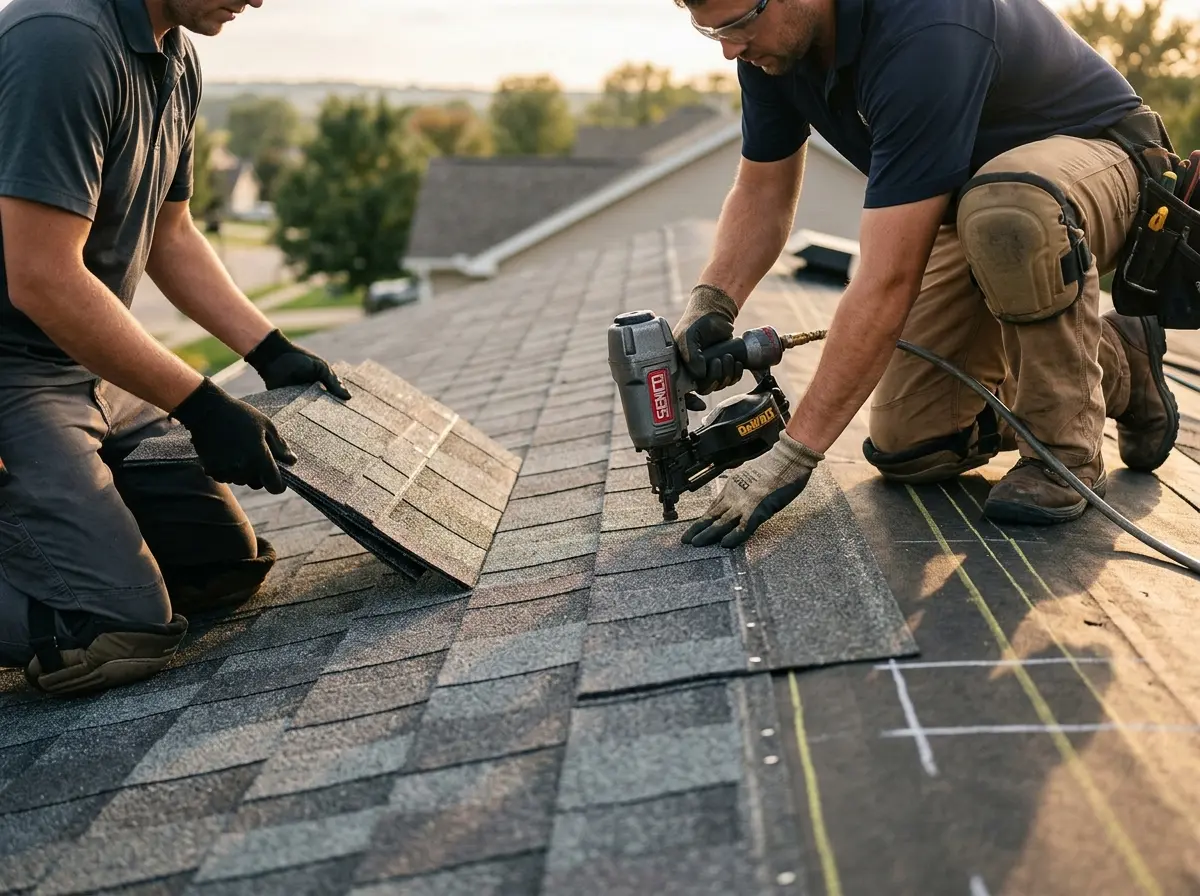Professional roofer working on a residential roof in Grand Rapids